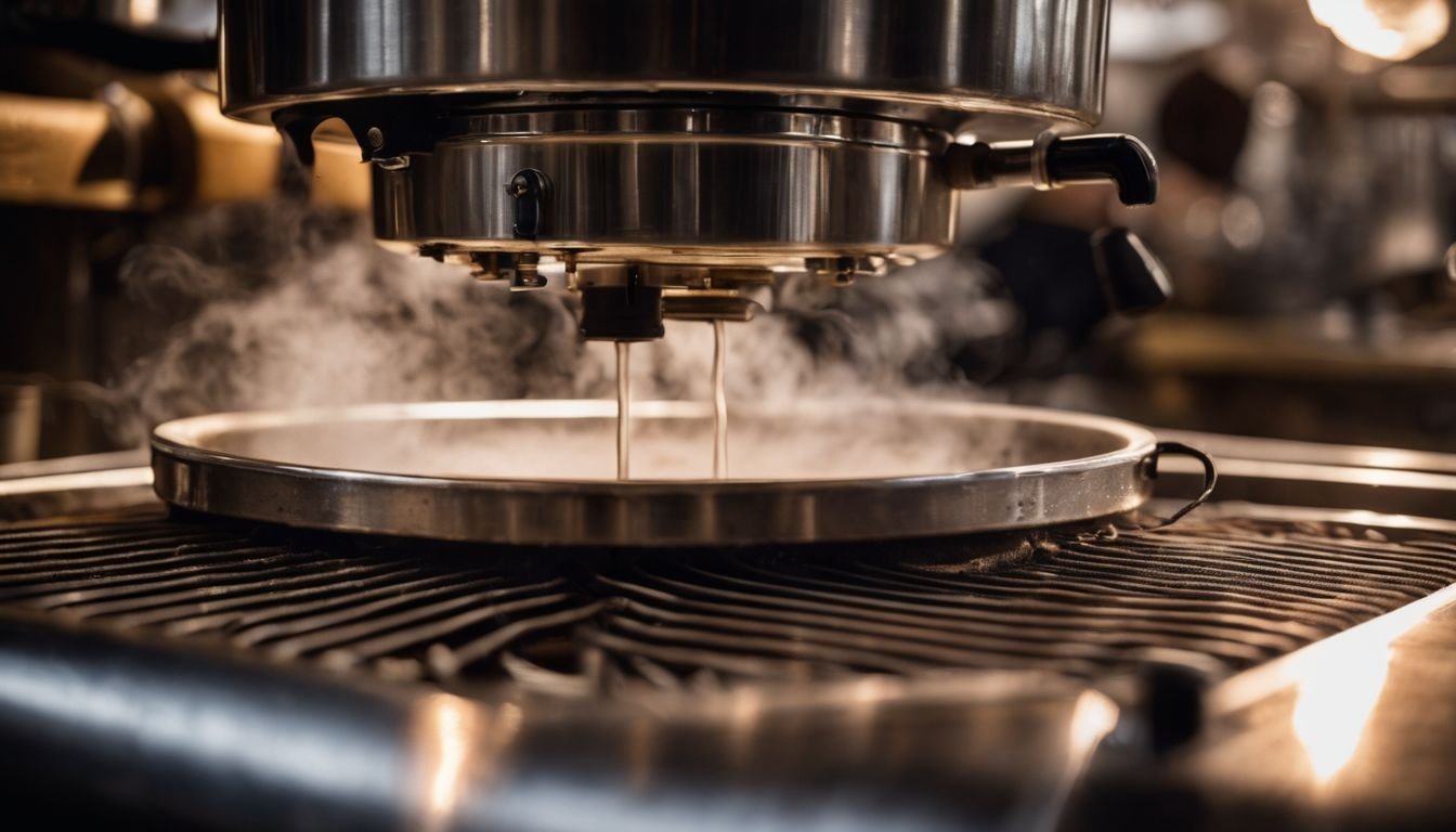 Close-up of a coffee brewer's heating element with steam rising.