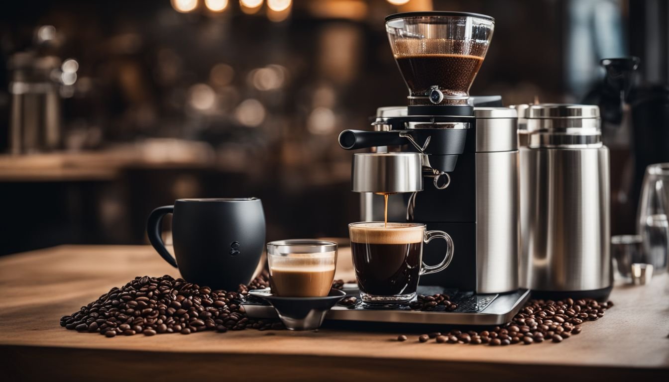 A still life photo of espresso, coffee, and equipment.