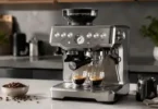 Touchscreen espresso machine with fresh whole coffee beans ready for brewing