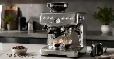 Touchscreen espresso machine with fresh whole coffee beans ready for brewing