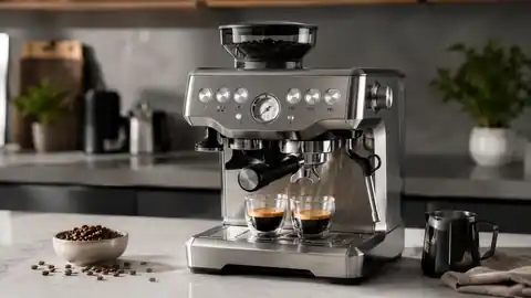 Touchscreen espresso machine with fresh whole coffee beans ready for brewing
