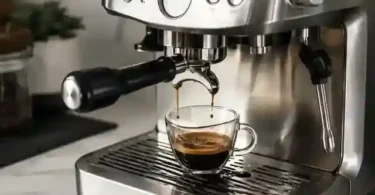 Espresso from a Barista Express with visible coffee grounds in the cup