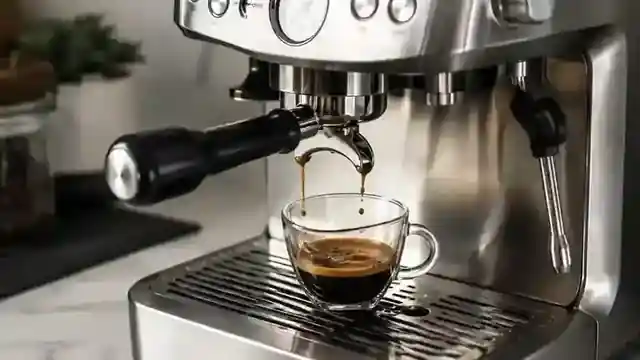 Espresso from a Barista Express with visible coffee grounds in the cup