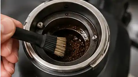 Breville Smart Grinder Pro burr area being cleaned with a dry brush